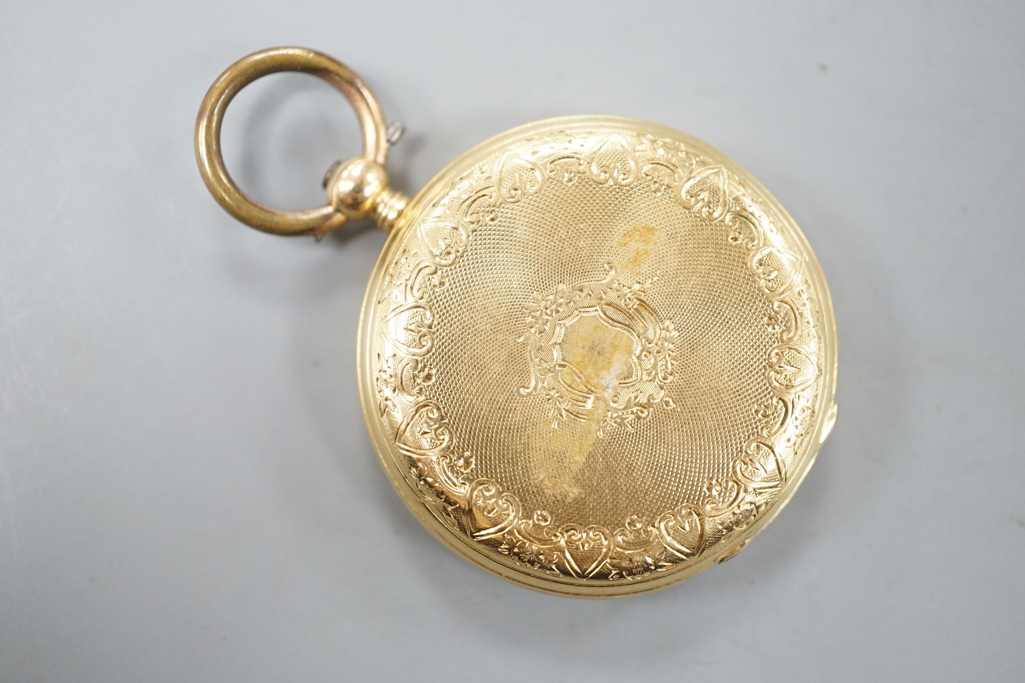 An 18k open faced keywind fob watch, with Roman dial, case diameter 33mm, gross 29.4 grams.